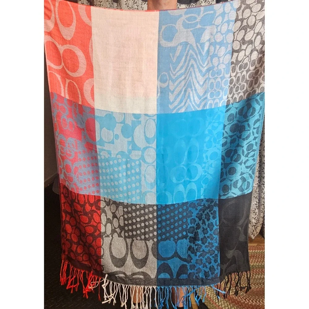 Coach Monogram Signature C Patchwork Scarf Wrap Pashmina Silk Fringe 70x28
